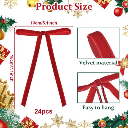 Quimoy Velvet Christmas Bows - 24 Pcs Red Ribbon Ornaments for Tree & Wreath | 5x7 Inch Decor