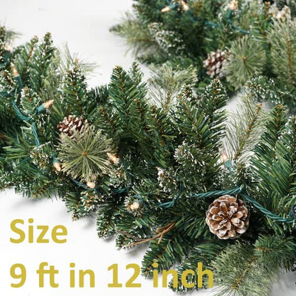 Prelit Christmas Garland with Pine Cones Snow Style 9 Ft Battery Operated - Pinecone Variation