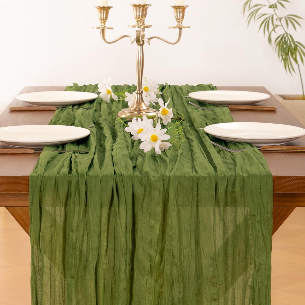 Socomi Cheesecloth Table Runner - 120 Inch Boho Rustic Green for Weddings, Parties & Home Decor
