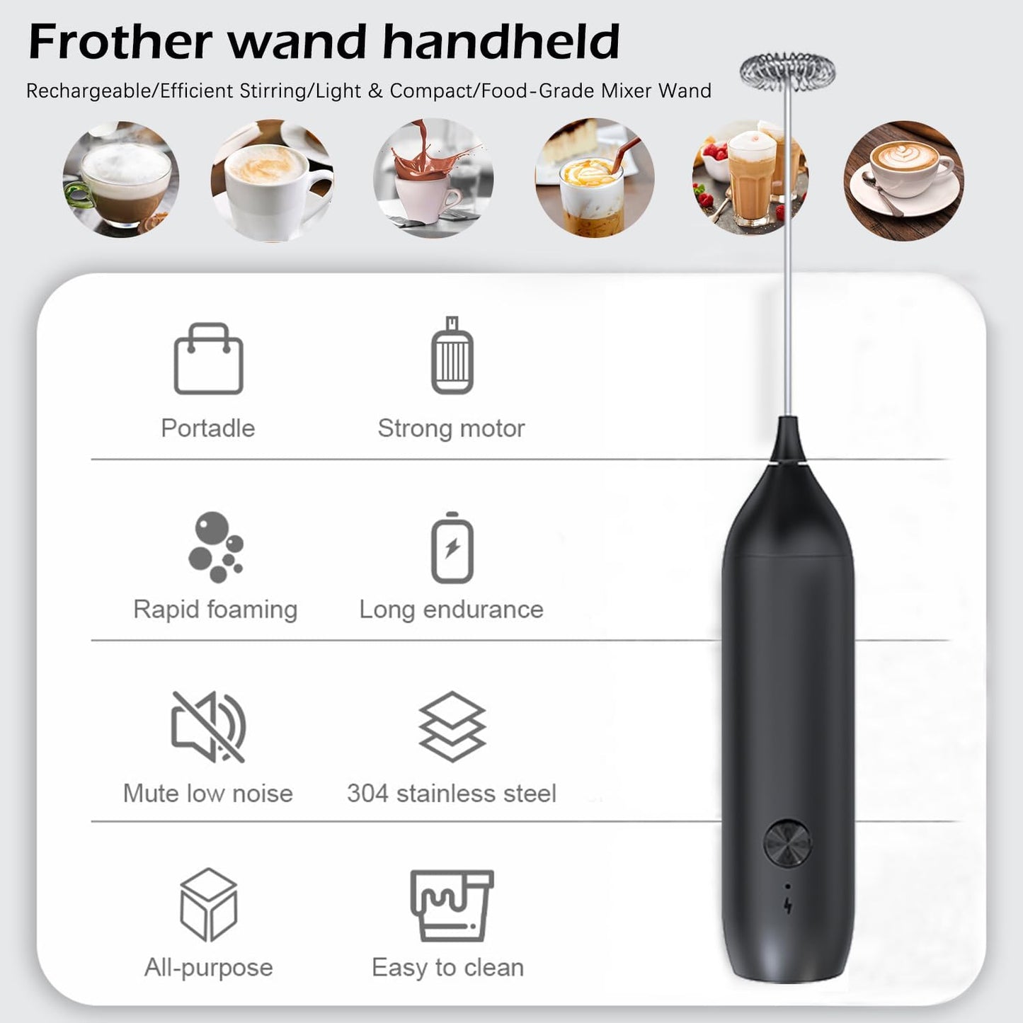 Skiennix Rechargeable Milk Frother Wand - Handheld Electric Whisk for Coffee, Lattes & Cappuccinos | USB-C Foam Maker
