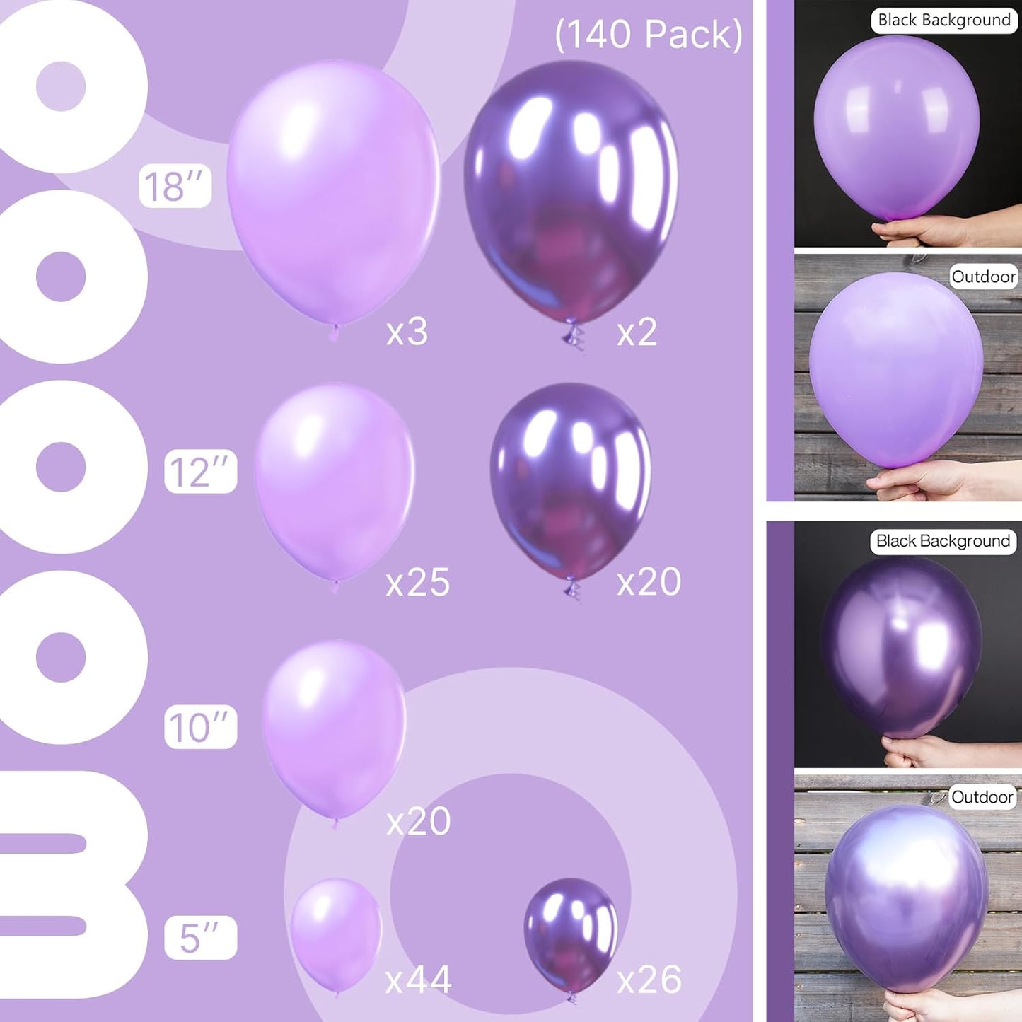 PartyWoo Purple Balloons - 140-Piece Lilac & Metallic Balloon Pack for Birthday & Party Decor | 18", 12", 10", 5" Sizes