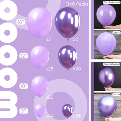 PartyWoo Purple Balloons - 140-Piece Lilac & Metallic Balloon Pack for Birthday & Party Decor | 18", 12", 10", 5" Sizes