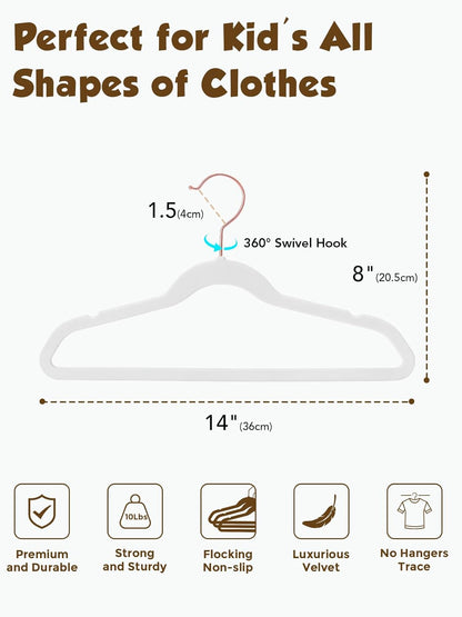 Smartor Kids Velvet Hangers - 50 Pack Non-Slip Felt Hangers for Toddler Clothes | 14 Inch, White with Rose Gold Hook