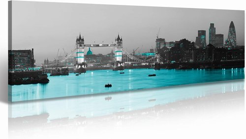London Framed Wall Art Canvas - Black and White London Bridge Poster | 14" x 48" Cityscape Decor