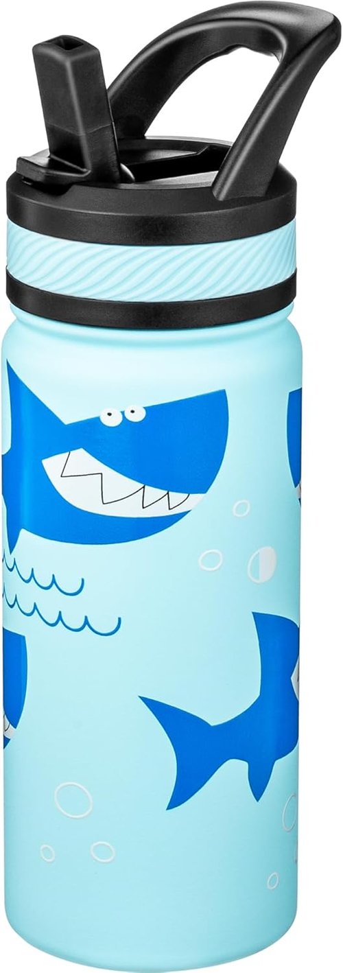 Fanhaw 18 Oz Kids Insulated Water Bottle - Leakproof Stainless Steel with Straw, Pale Blue Big Shark