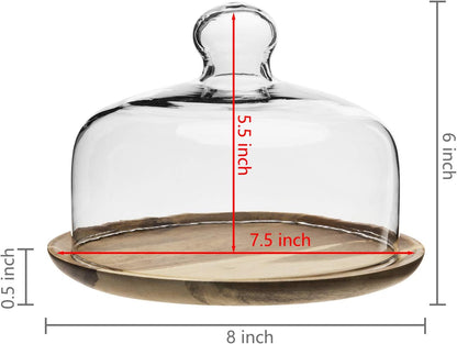 MyGift Cloche Dome Glass Dessert Serving Tray - 7.5 Inch Cake Stand with Acacia Wood Base for Parties
