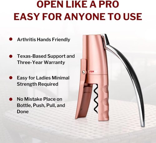 Forge Quality Compact Vertical Lever Corkscrew Wine Opener with Foil Cutter. 3 Seconds to Open a Bottle of Wine. Pink.