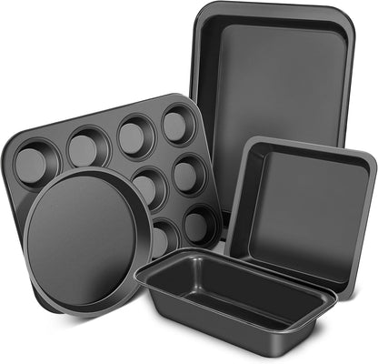 CasaCulina 5-Piece Nonstick Baking Pans Set - Round/Square Cake Pan, Muffin & Loaf Pans, Black