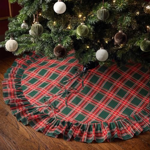 Blueweenly Green Red Plaid Ruffled Christmas Tree Skirt 36 Inch - Holiday Decor