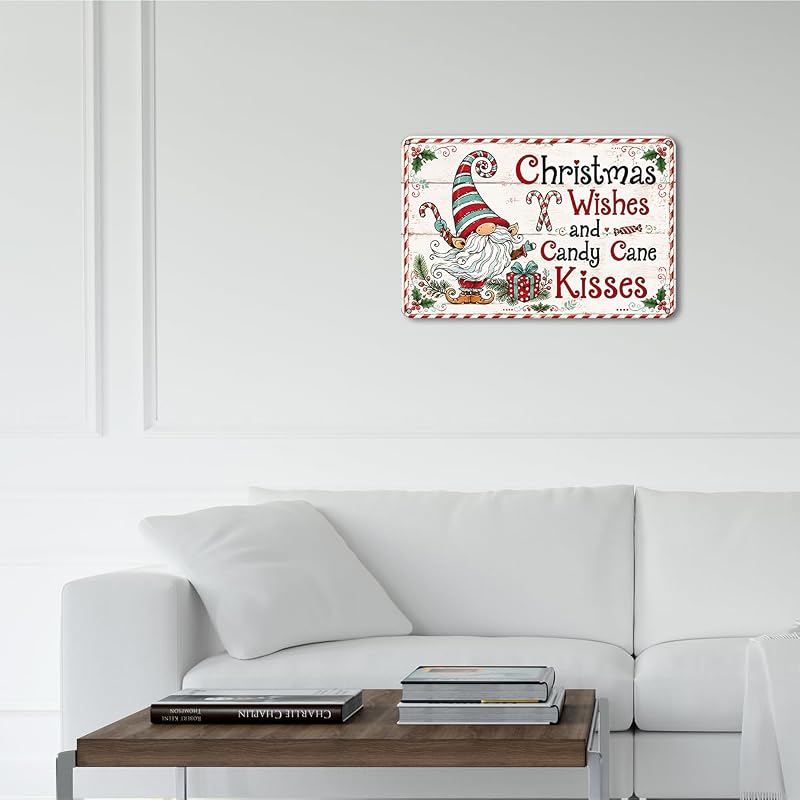 Wall Pediments 64 Christmas Gnome Aluminum Sign - Candy Cane Farmhouse Holiday Decor, Festive Gnome with Peppermint & Gift – Generic63
