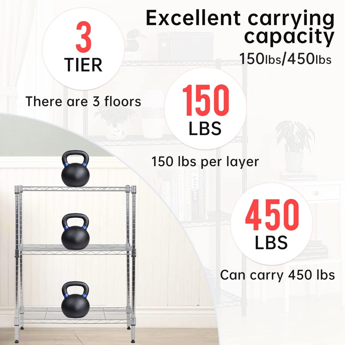 BestOffice Adjustable Metal Storage Shelves - 3-Tier Wire Rack Organizer | 450Lbs Capacity, Chrome Finish
