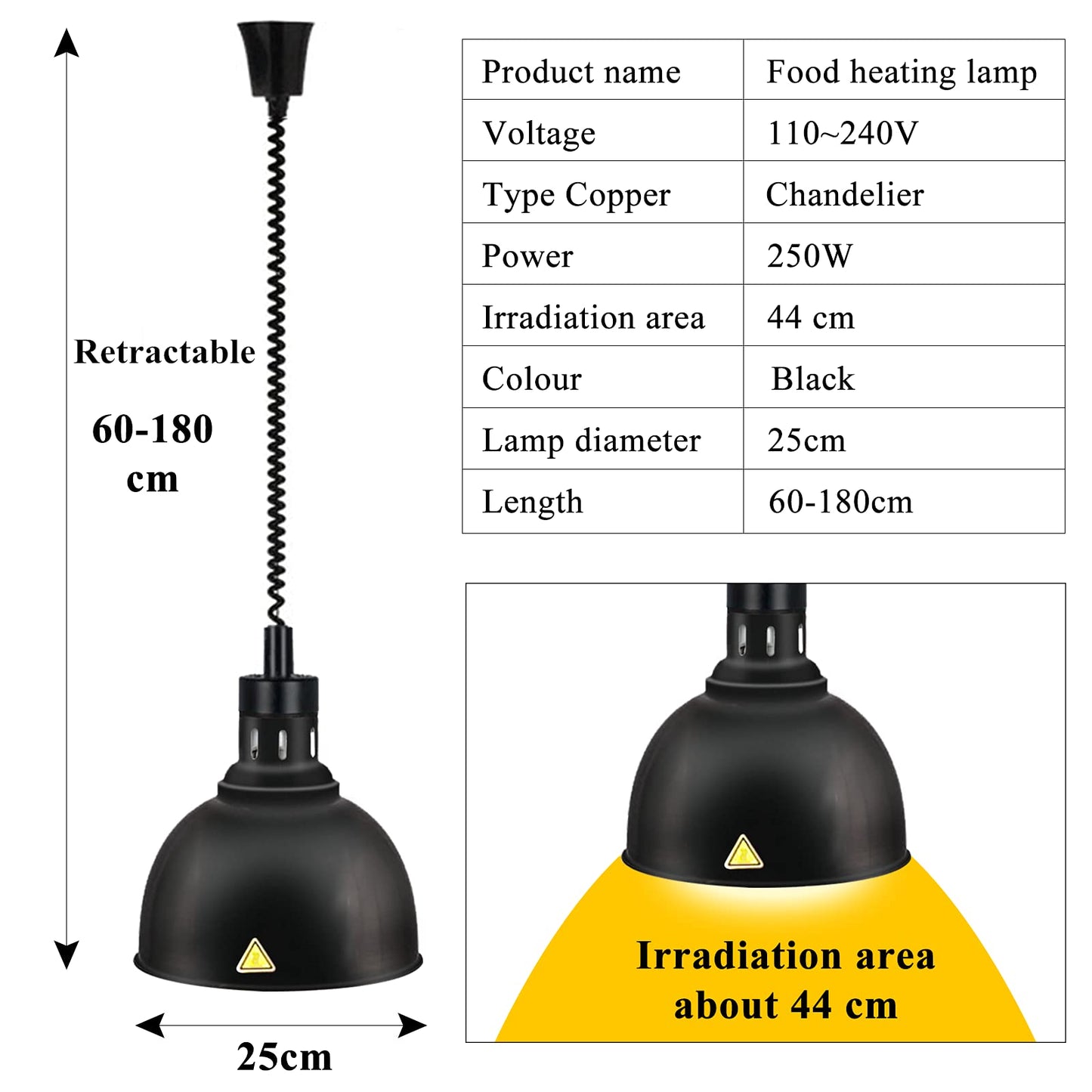 JIAWANSHUN Food Warmer Lamp Food Heat Lamp Warmer Bulb 250W Commercial Food Warmer Adjustable Hanging Food Heat Lamps Heating Lamp Restaurant Food Service Food Warming Pizza Warmer (Black) 110V