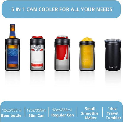 COKTIK 5 in 1 Insulated Can Cooler, 8 Pack Double Wall Slim Can Cooler Set for 12 oz Regular or Slim Cans & Beer Bottle (Black)