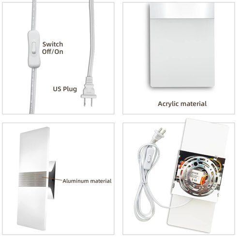 KICAAO Wall Sconces Set of Two, Modern Wall Sconce Plug in 10W 6000K Cool White Acrylic Wall Lights with 6FT/180cm Plug in Cord and On/Off Switch on The Cord