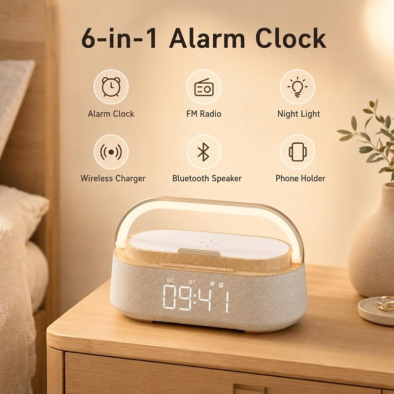 Wood Variation 6-in-1 Alarm Clock with Bluetooth Speaker, Wireless Charger, FM Radio, Night Light