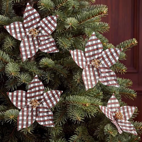 White Plaid Christmas Poinsettia Ornaments - 9 Inch Set of 12 with Gold Beads & Glitter