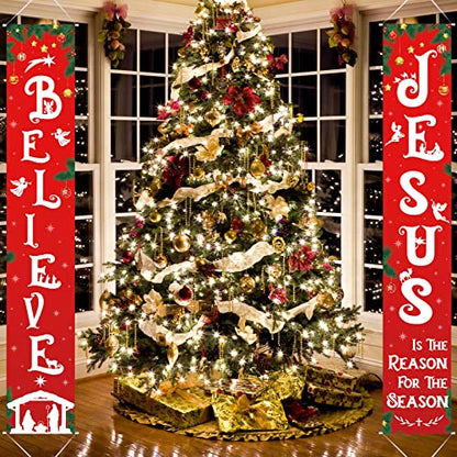Religious Christmas Porch Banner - Nativity Scene Believe Jesus Tree