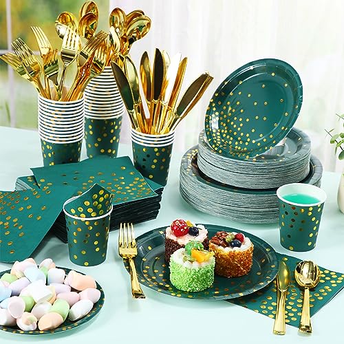 560Pcs Green and Gold Party Supplies Set for 80 Guests - Plates Cups Napkins Cutlery
