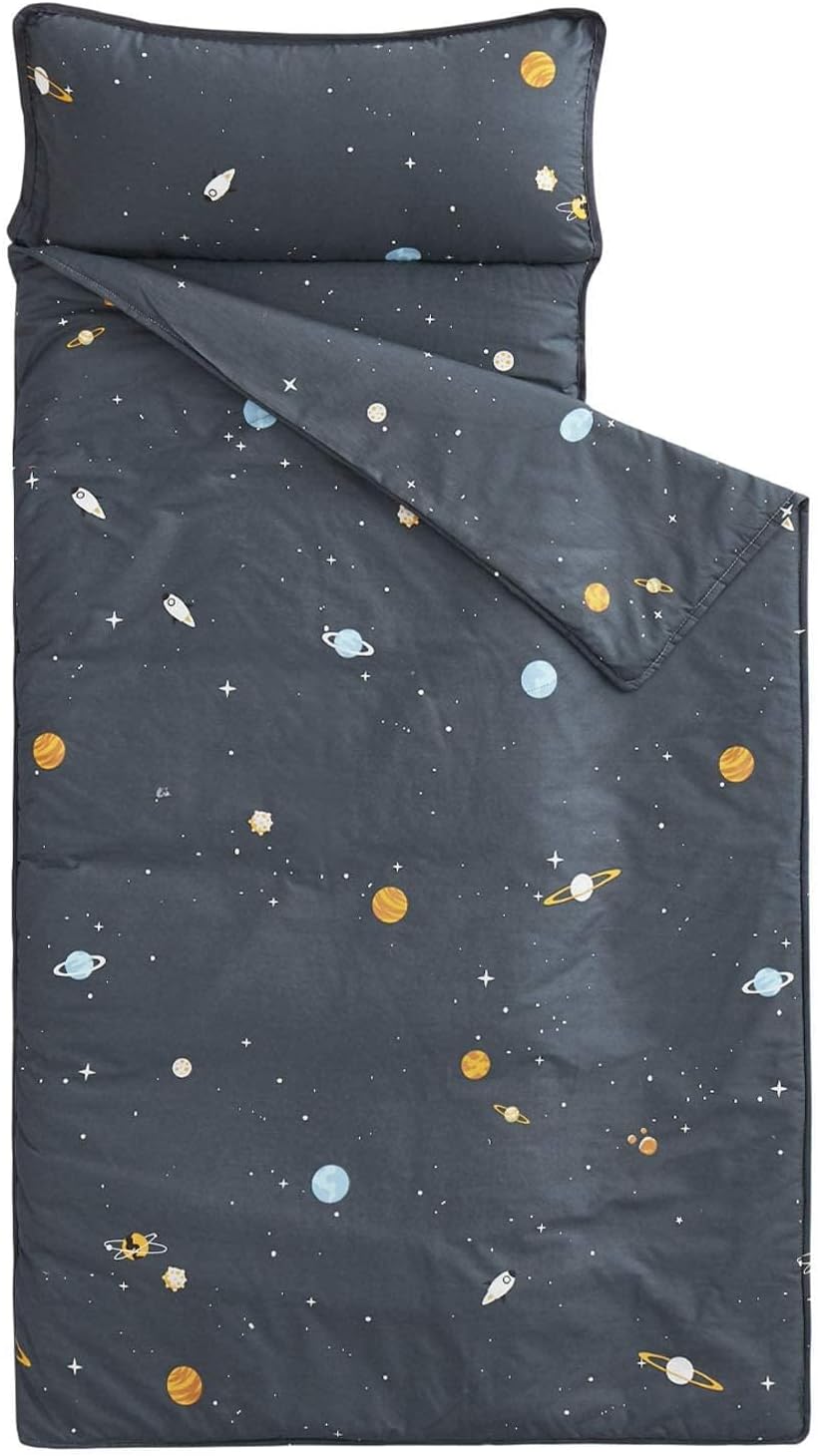 Wake In Cloud - Toddler Nap Mat with Pillow & Blanket | 100% Cotton, Galaxy Space Design for Kids 3+