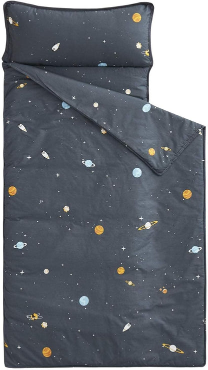 Wake In Cloud - Toddler Nap Mat with Pillow & Blanket | 100% Cotton, Galaxy Space Design for Kids 3+