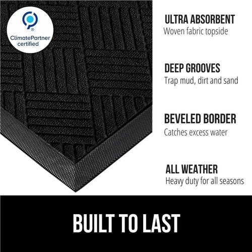 GORILLA GRIP Waterproof All-Season Doormat - Natural Rubber, Stain & Fade Resistant | 29x17, Black Diamond