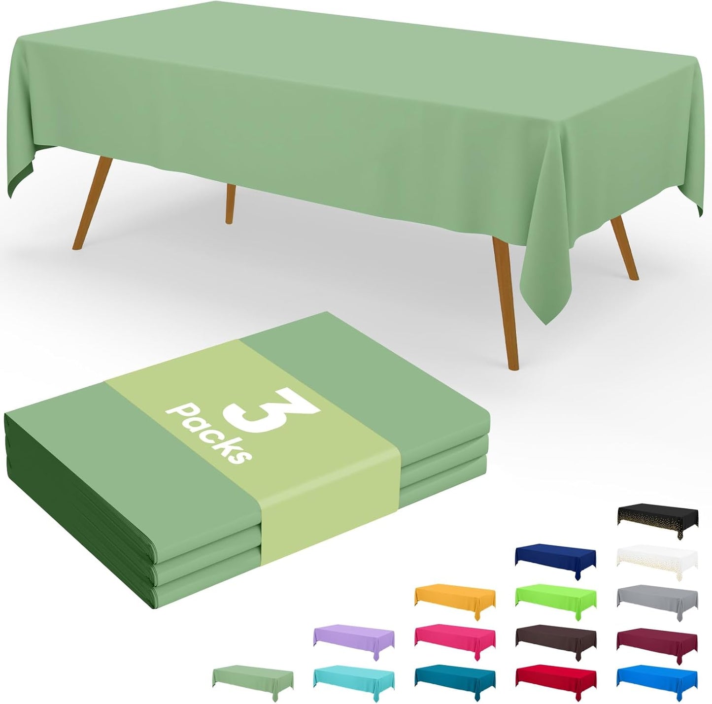 Smiry Disposable Tablecloths - Waterproof Plastic Covers for Parties | 54 x 108 Inch | Sage Green - 3 Pack