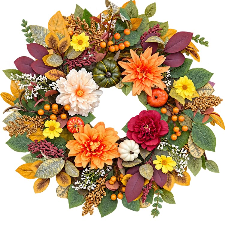 Fall Wreath for Front Door - 22 Inch Autumn Decor with Dahlia & Pumpkin - Flower Variation