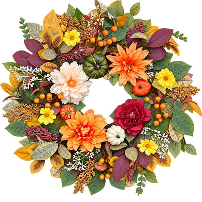 Fall Wreath for Front Door - 22 Inch Autumn Decor with Dahlia & Pumpkin - Flower Variation