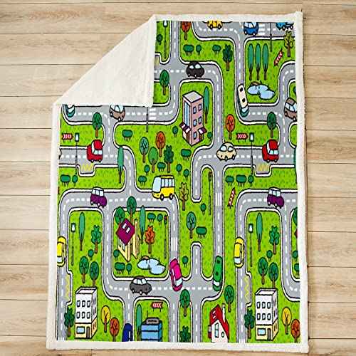 Baby 30"x40" Playing Car Fuzzy Blanket Road and Traffic Flannel Fleece Throw Blanket for Sofa Couch Toddler Soft Coloful Fun Game Sherpa Blanket All Season Educational Race Track Plush Blanket