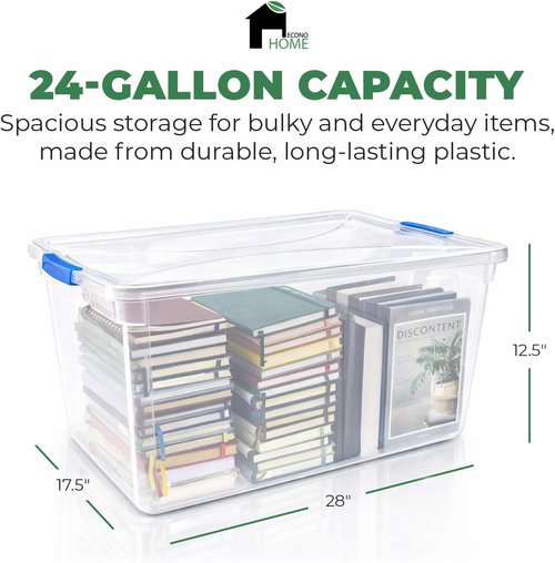 EconoHome Clear Storage Box - 95 Qt Heavy-Duty Plastic Bins with Lids | 4-Pack Stackable Organizers