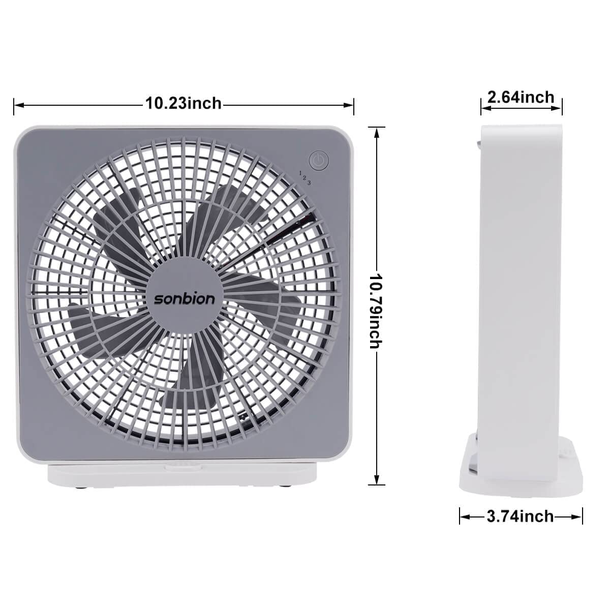 SONBION Small Box Fan, 10 inch Window Fan with 3 Speeds Strong Airflow, DC Adapter Square Table Fan for Bedroom Living Room Office Apartment, Quiet and Lightweight, 5ft Power Cord