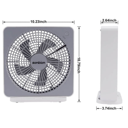 SONBION Small Box Fan, 10 inch Window Fan with 3 Speeds Strong Airflow, DC Adapter Square Table Fan for Bedroom Living Room Office Apartment, Quiet and Lightweight, 5ft Power Cord