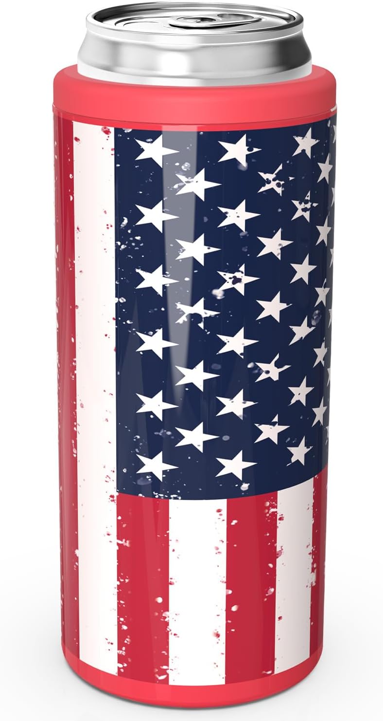 TILUCK Slim Can Cooler - Insulated Stainless Steel for Beer & Hard Seltzer | 12 oz U.S. Flag Design