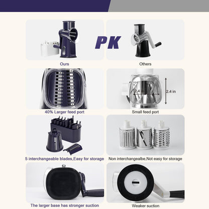 Rotary cheese grater - hand-cranked,5in1 washable & easy to clean - perfect for chefs, cuts cheese, veggies, fruits, nuts, crackers - upgraded model with strong suction-Hand Crank Cheese Grater