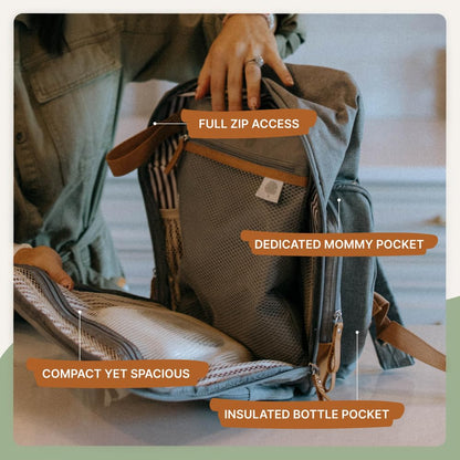 Parker Baby Diaper Backpack - Full Zip Design with Insulated Pockets - Stylish Gray Color