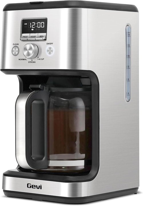 Gevi 14-Cup Programmable Coffee Maker - Drip Machine with Normal & Strong Brew | Silver Glass Carafe