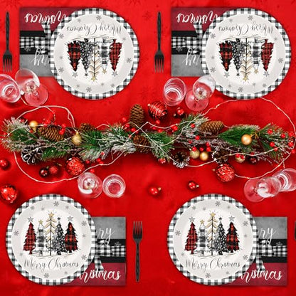 Christmas Paper Plate and Napkin Set - Buffalo Plaid 9x7 Inch, 200 pcs