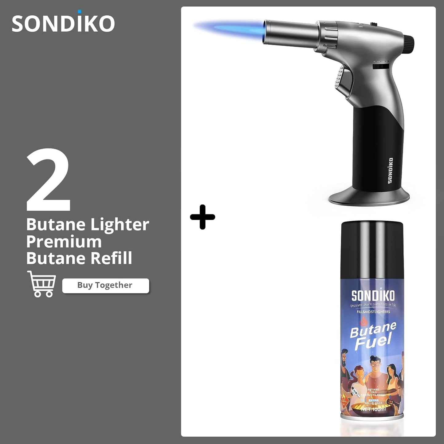 Sondiko Kitchen Torch - Butane Refillable Blow Torch for BBQ & Crème Brûlée | Sleek Black Design