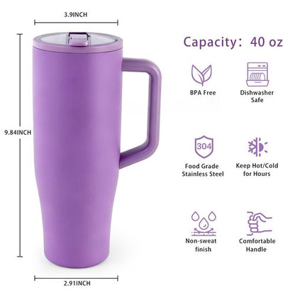 TANYRE 40 oz Water Bottle with Handle Purple Sixth Generation,Cup Holder Compatible for Travel,Leak Resistant Tumbler-Reusable Insulated Stainless Steel & Rubber Base,BPA-Free