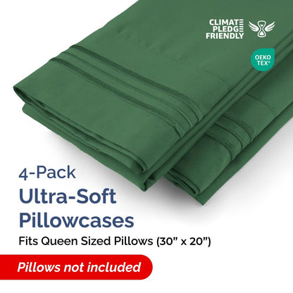 Queen Pillow Cases Set of 4 - Ultra Soft Hotel Quality Pillowcase Covers - Comfy, Cozy & Wrinkle Free - Shrinkage and Fade Resistant - Machine Washable Pillow Protectors - 4 Piece Set - Emerald Green