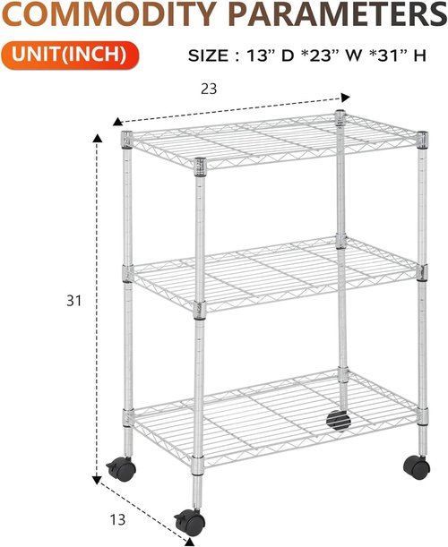 BestOffice 3-Tier Wire Storage Shelves with Wheels - Adjustable Heavy-Duty Metal Rack | Chrome Finish | 23x13x31 | Holds Up to 170 lbs | Easy No-Tool Assembly for Home & Garage