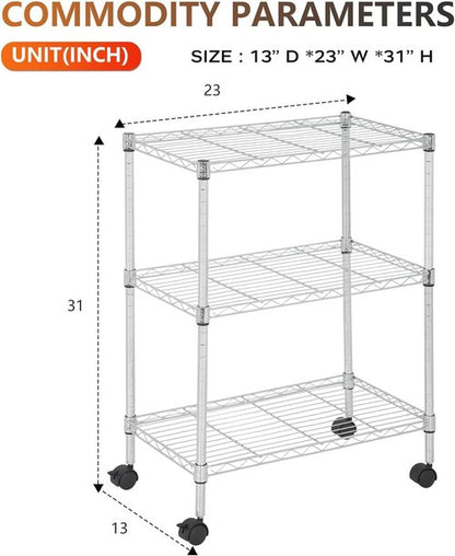 BestOffice 3-Tier Wire Storage Shelves with Wheels - Adjustable Heavy-Duty Metal Rack | Chrome Finish | 23x13x31 | Holds Up to 170 lbs | Easy No-Tool Assembly for Home & Garage