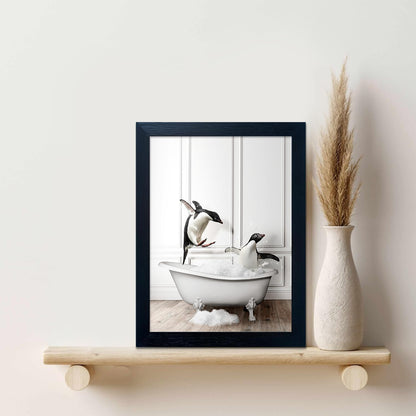 Skiennix Kids Bathroom Wall Decor - Funny Black & White Canvas Print of Cute Penguins in Bathtub