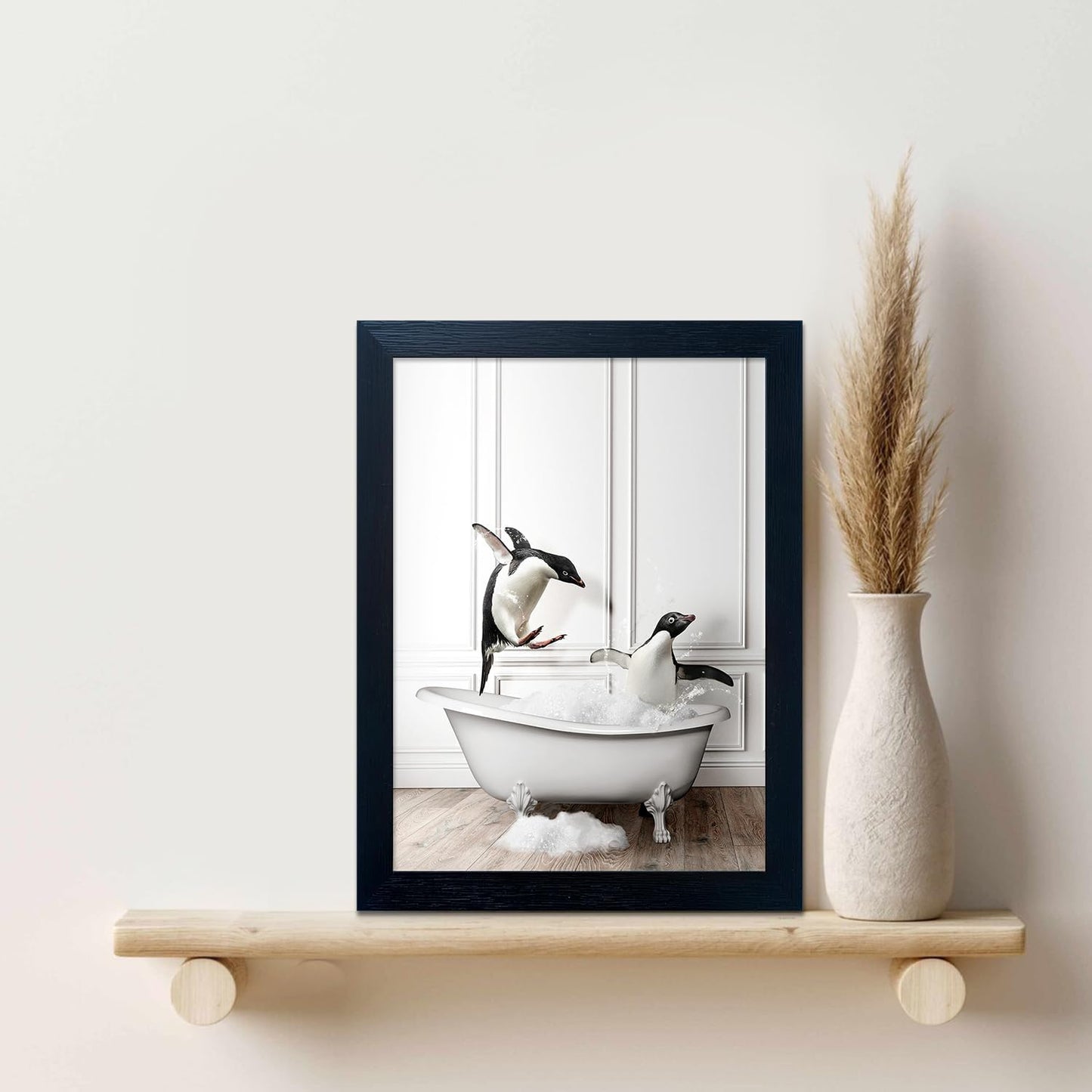 Skiennix Kids Bathroom Wall Art - Framed Black and White Penguin Print | Cute Farmhouse Decor