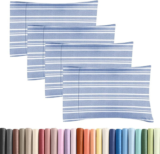 Standard Pillow Cases Set of 4 | Soft Hotel Quality Covers - Comfy & Cozy Blue Stripes - Machine Washable