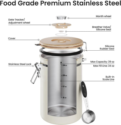Veken Coffee Canister - 39oz Airtight Stainless Steel Food Storage Container with Date Tracker & Scoop | Cream