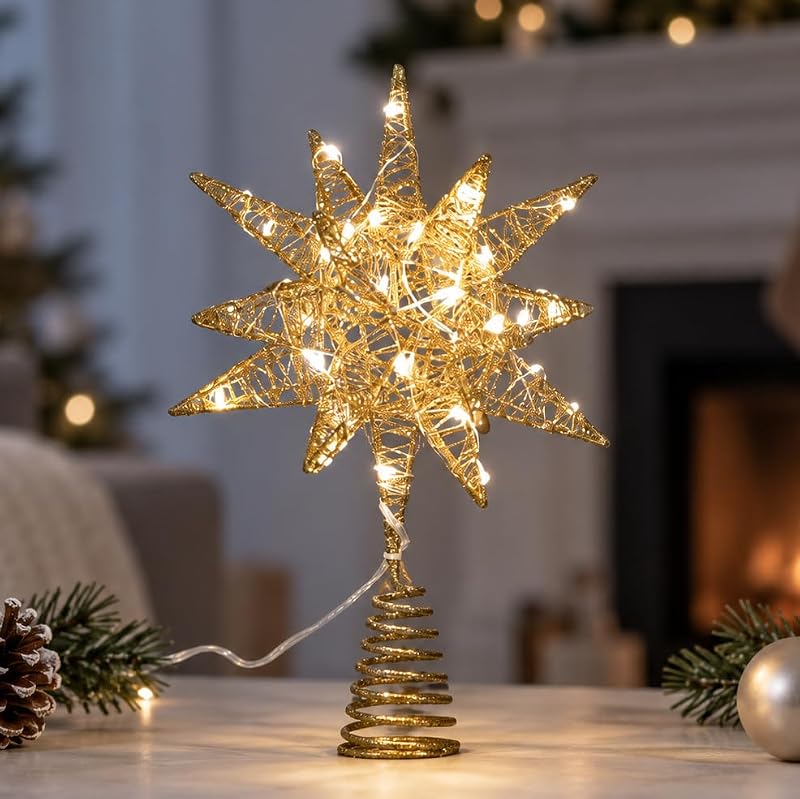 18-Point Gold Wire Christmas Tree Topper with Warm LED Lights - 11 Inch