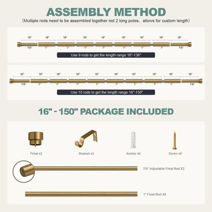 Lootkell Warm Gold Curtain Rods for Windows 72 to 144 Adjustable Length Heavy Duty 1" Diameter Brass Bronze Long Window Curtain Rod with Solid Metal Finials for Outdoor Farmhouse Bedroom Living Room