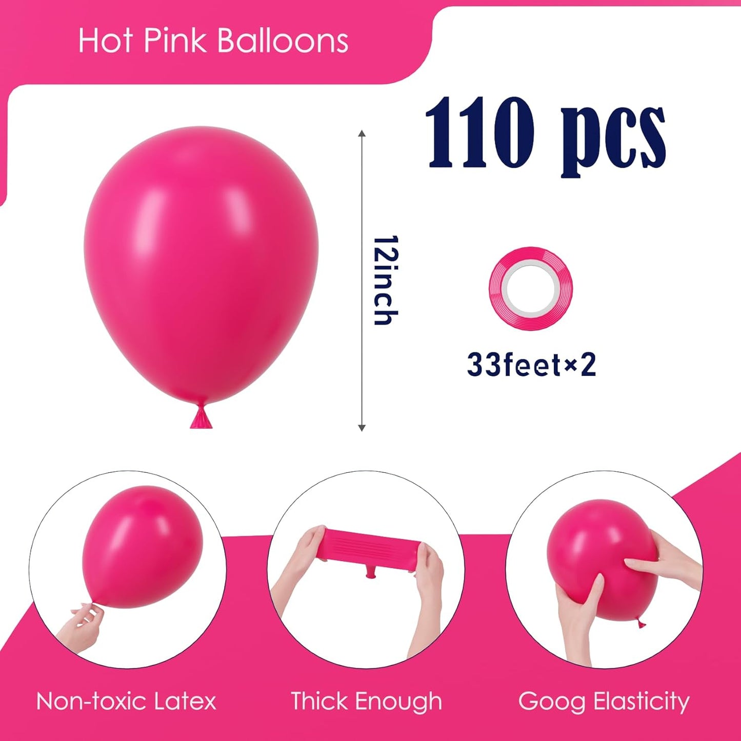 Voircoloria Hot Pink Balloons - 110pcs 12-Inch Dark Pink Latex for Parties & Celebrations