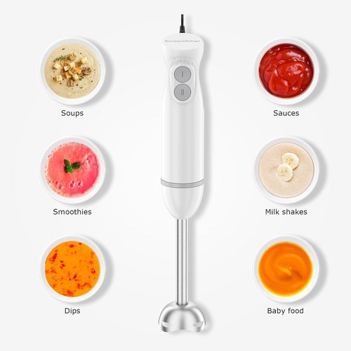 Bonsenkitchen Immersion Blender - 2-Speed Handheld Stick Mixer with Beaker for Soups & Smoothies - White